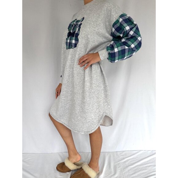 90s vintage plaid flannel cute kitten cat long sleeved pajama fleece sleep dress - Picture 4 of 10